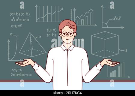 Der Mathematiklehrer steht neben der Schultafel mit Formeln und geometrischen Zeichnungen. Junger, kluger Professor in weißen Hemden und Brillen arbeitet an der Universität und studiert Mathematik Stock Vektor