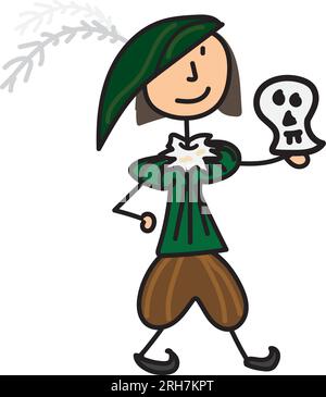 Strichfigurenzeichnung von Shakespeare Hamlet, der einen Schädel hält Stock Vektor