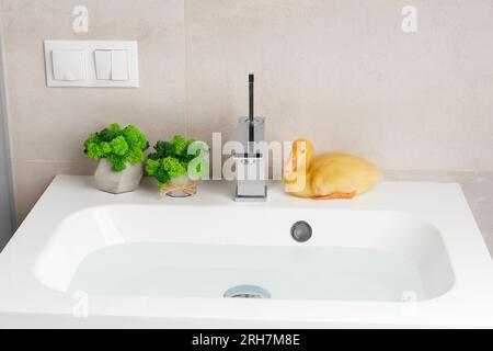 Das lebendige süße, lustige kleine Entlein sitzt auf einem weißen Waschbecken, das mit Wasser im Badezimmer im Haus gefüllt ist Stockfoto