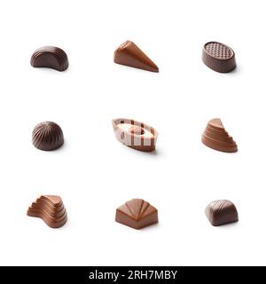 Schokoladenbonbons, Schokolade auf weiß isoliert, Nahaufnahme. Schokoladenpraline, Süßigkeiten. Stockfoto
