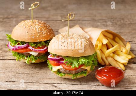 Zwei Hamburger, pommes frites und Saucen auf rustikalem Holzhintergrund. Fast Food, hausgemachte Burger Stockfoto