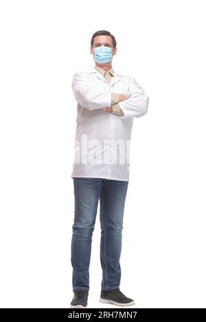 Porträt eines kaukasischen Arztes mit Schutzhandschuhen und Maske Stockfoto