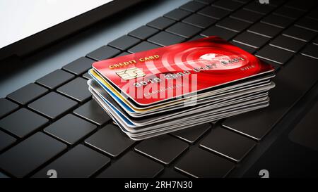 Kreditkarten stehen auf Laptop Tastatur. 3D-Darstellung. Stockfoto
