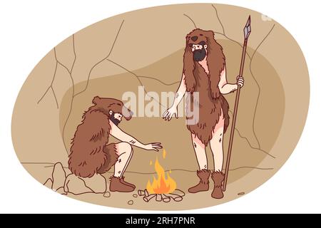 Höhlenmenschen in Tierpelzkleidung, die draußen Feuer anzünden. Stammesmänner, die im alten Zeitalter im Freien Lagerfeuer machen. Flache Vektorgrafik. Stock Vektor