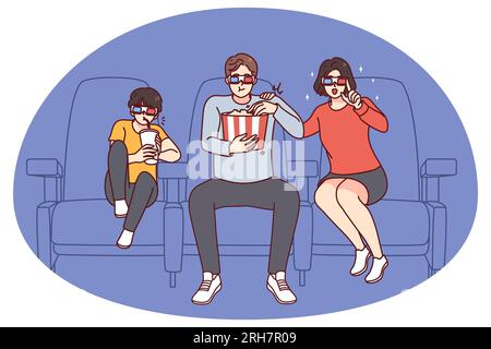 Glückliche Familie mit 3D Gläsern genießen Sie gemeinsam Filme im Kino. Lächelnde Eltern und Sohn haben am Wochenende viel Spaß beim Film im Theater. Unterhaltungskonzept. Vektorgrafik. Stock Vektor