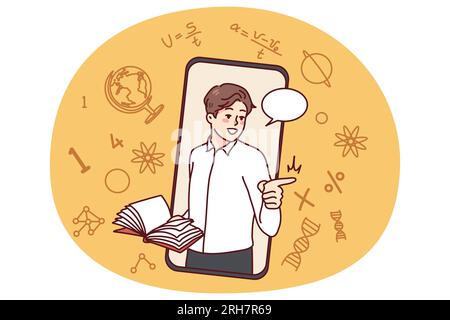 Männlicher Lehrer hält Buch mit Online-Unterricht auf Handy. Lächelnder selbstbewusster Mann Tutor unterrichtet Studenten mit Smartphone-Internet-Anwendung. Fernschulung. Vektorgrafik. Stock Vektor