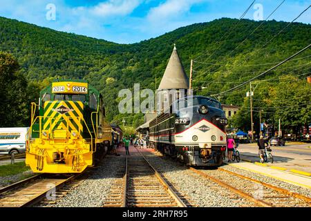 Jim Thorpe, Pennsylvania - 5. August 2023 : Fahrradzug in den Pocono Mountains, bereit für Radfahrer Stockfoto