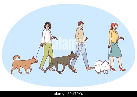 Menschen mit Hunden an der Leine gehen auf Hundewettbewerb. Haustierbesitzer mit Haustieren auf Wettbewerb. Vektorgrafik. Stock Vektor