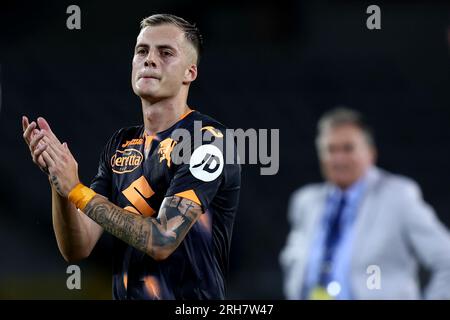 Turin, Italien. 14. Aug. 2023. Ivan Ilic vom Turin FC feiert nach dem Sieg des Coppa Italia-Spiels zwischen dem Turin FC und Feralpisalo im Stadio Olimpico am 14. August 2023 in Turin, Italien . Kredit: Marco Canoniero/Alamy Live News Stockfoto