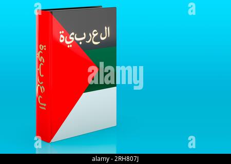 Arabischer Sprachkurs. Arabisches Lehrbuch auf blauem Hintergrund. 3D-Rendering Stockfoto