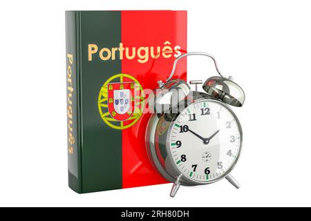 Portugiesisches Lehrbuch mit Wecker. Zeit, Portugiesisch zu lernen, 3D-Rendering isoliert auf weißem Hintergrund Stockfoto