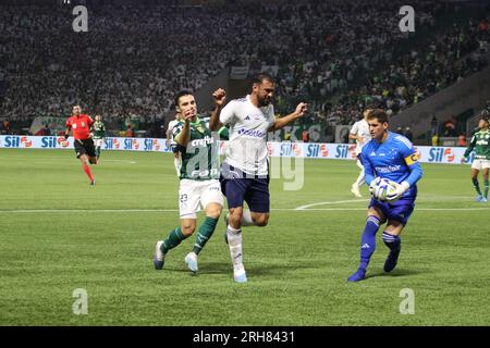 Sao Paulo, Sao Paulo, Brasilien. 14. Aug. 2023. Sao Paulo (SP), 08/14/2023 - BRAZILEIRO/PALMEIRAS X CRUZEIRO - Spiel zwischen Palmeiras und Cruzeiro, gültig für die 19. Runde der brasilianischen Fußballmeisterschaft 2023 im Allianz Parque im Westen von Sao Paulo am Abend dieses Montag, den 14. August 2023. (Kreditbild: © Fabricio Bomjardim/TheNEWS2 via ZUMA Press Wire) NUR REDAKTIONELLE VERWENDUNG! Nicht für den kommerziellen GEBRAUCH! Stockfoto