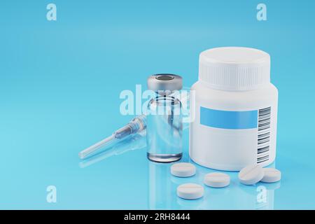 Injektionsspritze. Glasampulle mit Arzneimittel. Pillen mit Verpackung auf einem blauen Tisch. Behandlung mit Tabletten. Pillen mit einer Plastikflasche. Stockfoto