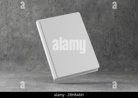 Modellbuch, Notizblock. Leeres Whitepaper für Ihr Design. Geschlossenes, leeres Buchmodell auf grauem Betonhintergrund. 3D-Rendern. Stockfoto