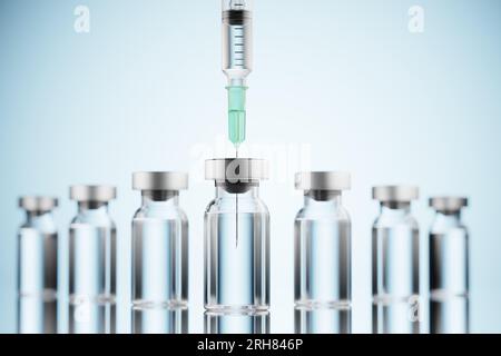 Die Spritze nimmt das Arzneimittel aus der medizinischen Flasche. Medizin in einer medizinischen Flasche. Modell der Medikamentenflasche. Impfungen. Eine Injektion von Insulin. Li Stockfoto