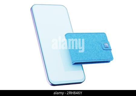 Online-Bank. Mobile Zahlungen. Bankeinzahlung. Bankdienstleistungen. Smartphone, Brieftasche. 3D-Rendern. Stockfoto