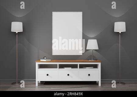 MoCap für Ihr Design, Poster, Bild, Foto. Realistischer weißer Holzrahmen an weißen Wänden und Holzboden im Innenbereich mit Schrank. Design-Temp Stockfoto