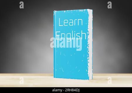 Englisches Lehrbuch steht auf einem Holzregal. Englisch lernen. Englische Grammatik. Englischsprachiges Lehrbuch zum Sprachenlernen. 3D-Rendering. Stockfoto
