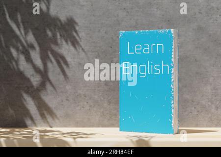 Englische Grammatik. Englisches Lehrbuch steht auf einem Holzregal. Englisch lernen. Englischsprachiges Lehrbuch zum Sprachenlernen. 3D-Rendering. Stockfoto