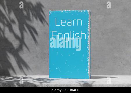 Englischsprachiges Lehrbuch zum Sprachenlernen. Englische Grammatik. Das englische Lehrbuch steht im Regal. Englisch lernen. 3D-Rendering. Stockfoto