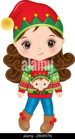 Süßes Mädchen mit hässlichem Weihnachts-Pullover und Elfenmütze. Das kleine Mädchen ist brünett mit langen Locken und haselnussbraunen Augen. Weihnachtsmädchen-Vektorbild Stock Vektor