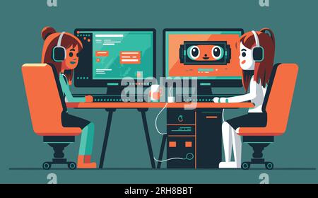 Zwei Frauen arbeiten mit der Hilfe von AI-Chatbots. Vektorbild Kundenservice, Chat bot, künstliche Intelligenz im Büro und am Arbeitsplatz. Stock Vektor