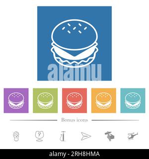 Cheeseburger flache weiße Symbole auf quadratischem Hintergrund. 6 Bonussymbole enthalten. Stock Vektor