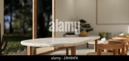 Ein moderner, minimalistisch weißer Marmortisch in einem minimalistischen skandinavischen Speisesaal. Nahaufnahme. 3D-Rendering, 3D-Abbildung Stockfoto