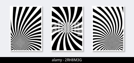 Abstrakte Poster-Kollektion mit Sonnenschein. Grafische Elemente für radiale Sonnenstrahlen festgelegt. Schwarz-Weiß-Vorlagen im minimalistischen Retro-Stil für Cover, Banner, Einladung, Flyer. Optisches Kunsthandwerk. Vektor Stock Vektor
