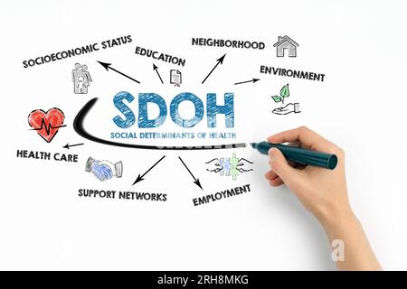 SDOH Soziale Determinanten des Gesundheitskonzepts. Diagramm mit Schlüsselwörtern und Symbolen auf weißem Hintergrund. Stockfoto