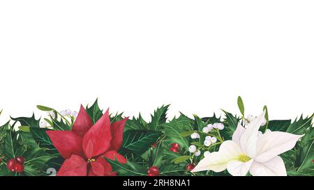 Nahtlose Girlande mit Weihnachtsholzblättern Beeren, Poinsettia, Mistelzweig isoliert auf weißem Hintergrund. Handgezeichnete Rahmen in Aquarell Stockfoto