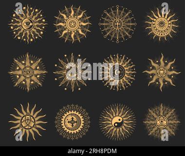 Sonne und Auge esoterisches okkultes Pentagramm, magische Tarotzeichen und okkultes Pentagramm, Vektorsymbole. Alchemie, Okkultismus und Hexenrituelle Pentagramme mit Mason Illuminati, die alle Augen sehen und Yin Yang Zeichen Stock Vektor