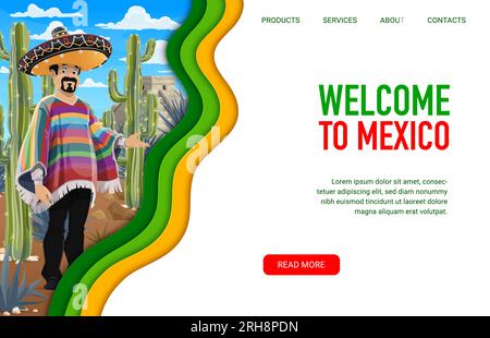 Landing Page für Reisen mit mexikanischen Pyramiden, Kakteen und nationalem Charakter. Willkommen bei der Mexico Vector Travel Web-Banner-Vorlage im Papierschnitt-Stil. Chichen itza, berühmtes maya-Wahrzeichen und Latino-Mann Stock Vektor