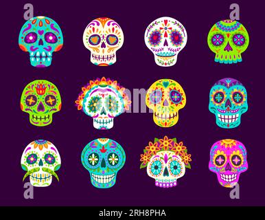 Dia de los muertos mexikanische Calavera Zuckerschädel. Der Tag des Totenfeiertags. Cartoon-Vektorset männlicher und weiblicher Schädel mit Blumenmuster. Traditionelle mexikanische Festivalsymbole für die Todesfeier Stock Vektor