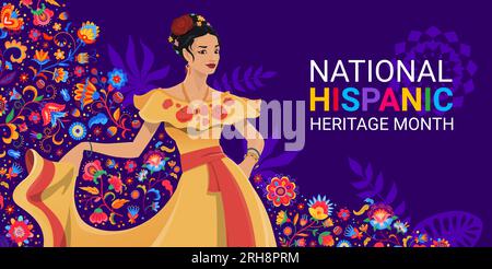 Tanzende Frau und tropische Blumen auf dem Banner des National hispanic Heritage Month Festival. Der Vektor-Hintergrund zeigt eine Flamenco-Tänzerin mit weiblicher Figur, die ein traditionelles Kleid und farbenfrohe Blüten trägt Stock Vektor