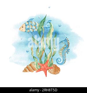 Unterwasserwelt. Marinesische Zusammensetzung aus süßen Fischen, Seepferdchen, Seetang, roten Seesternen, Muscheln und Wasserblasen auf blauem Aquarell. Aquarell Stockfoto