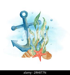 Unterwasserzusammensetzung von Algen, roten Seesternen, Muscheln und blauem nautischen Anker auf Aquarellwasser. Aquarell Marine Illustration. Für Karten Stockfoto