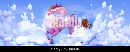 Fliegender Drache in der Sky-Air-Szene mit Wolkenvektor-Cartoon-Hintergrund. Abstrakte weiße, sonnige Illustration mit pinkfarbenem süßen märchenhaften Dinosaurier Charakter und Atmosphäre flauschige Wolkenlandschaft Stock Vektor