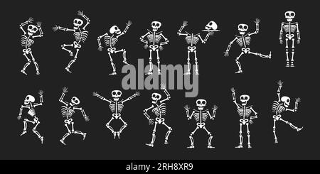 Skeletons dancing with different positions flat style design vector illustration set. Funny dancing Halloween or Day of the dead skeletons collection. Stock Vektor