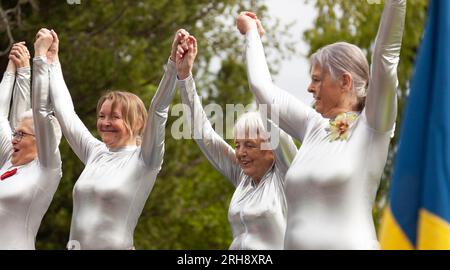 Umea, Schweden - 6. Juni 2023: Ältere Menschen tanzen im Silberkostüm im Park Stockfoto