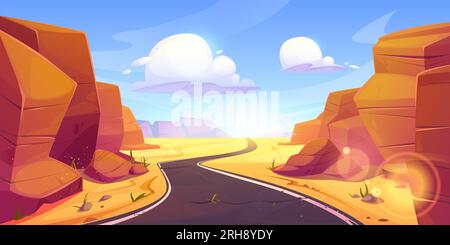 Wüstenstraße inmitten von Canyon-Cartoon-Vektordarstellung. Leerer Highway, umgeben von Sand und Felsbergen mit Wolken am Himmel. Sonnige Landschaft mit westlicher Szene und Tal mit Route für Ausflüge. Stock Vektor