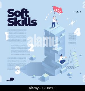 Vorlage für isometrische Infografiken von Soft Skills mit menschlichen Zeichen auf einer Vektordarstellung mit farbigem Hintergrund Stock Vektor