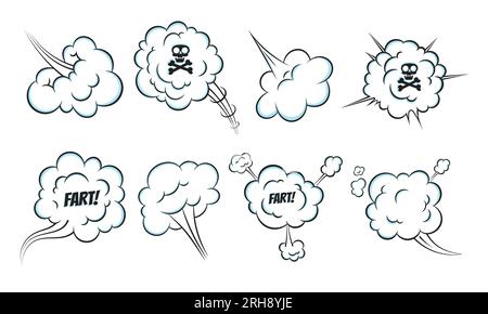 Riechendes Pop-Art-Comic-Buch Cartoon Furz Wolke flaches Design Vektorbildungs-Set mit Text und Schädel mit gekreuzten Knochen. Schlechter Gestank oder giftiges AR Stock Vektor