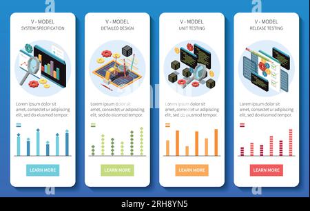 V-Modell Softwareentwicklung isometrischer Satz vertikaler Banner mit Code- und Zahnradsymbolen anklickbare Schaltflächen Vektordarstellung Stock Vektor