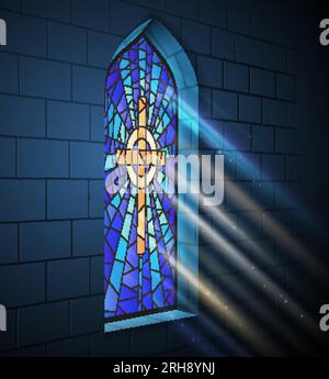 Buntglasmosaik Kirche Tempel Kathedrale Fenster helle Komposition mit Blick ins Innere des Fensters mit Kreuzvektordarstellung Stock Vektor