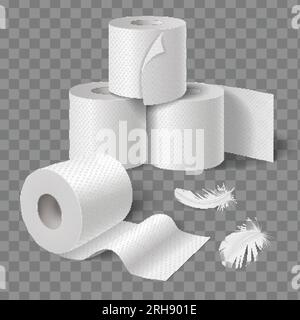 Toilettenpapier Küchenhandtücher Rollen realistische Zusammensetzung mit Blick auf die Gewebefedern im Bad auf transparenter Hintergrunddarstellung Stock Vektor