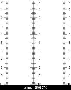 Vertikale Linealskala mit 10-Zentimeter-Markierung. Vorlagen für Messtabellen. Abstands-, Höhen- oder Längenmessung, mathematisch oder Nähwerkzeug isoliert auf weißem Hintergrund. Grafische Vektordarstellung Stock Vektor