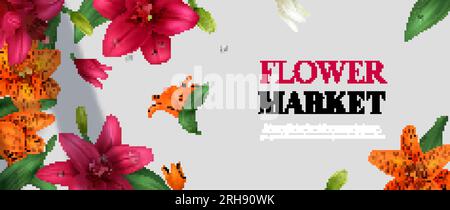 Realistisches Poster auf dem Blumenmarkt mit einer Vektordarstellung der Lilienblüten in verschiedenen Farben Stock Vektor