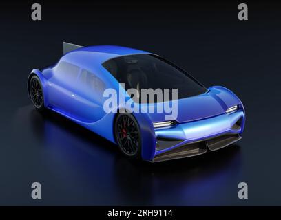 Blaues Elektroauto isoliert auf schwarzem Hintergrund. Generische Konstruktion, 3D-Rendering-Bild. Stockfoto