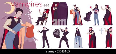 Vampir Fledermaus-Komposition mit isolierten Ikonen, die mythische untote Figuren in mittelalterlichen Anzügen zeigen Stock Vektor